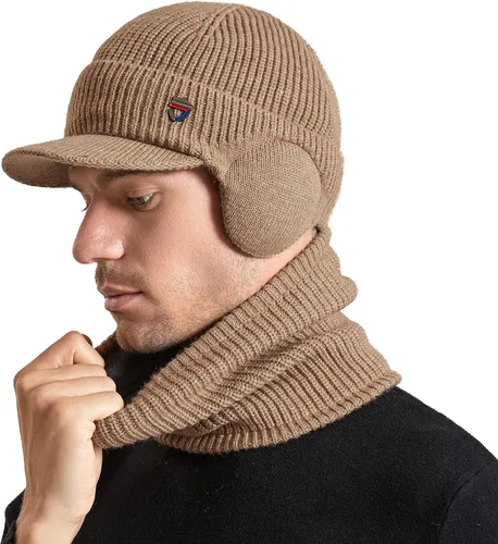 Vista 2 de Muryobao Gorro de invierno para hombre, con visera de punto, con forro polar y calentador de cuello