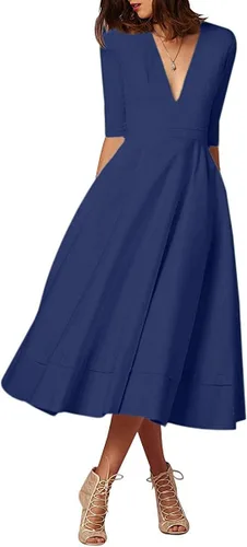 Vista 3 de luolandi Vestidos de noche con cuello en V y media manga de satén para mujer
