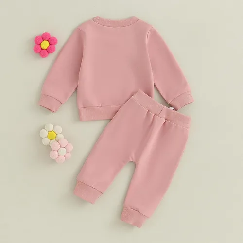 Vista 7 de Trajes de otoño e invierno para niña pequeña, camisa de manga larga con cuello redondo y pantalones sólidos, ropa de 2 piezas, Rosado