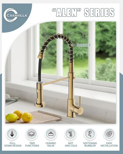 Vista 2 de Grifo de cocina, grifo de oro cepillado para fregadero de cocina, grifo de fregadero de cocina con pulverizador desplegable, grifos de cocina de C