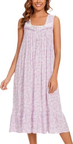 Vista 19 de AVIIER Camisones de algodón para mujer, sin mangas, vestido de casa largo con bolsillos, S-XXL Flor negra