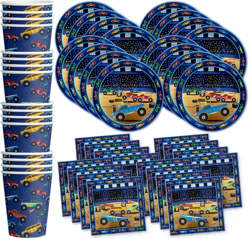 Vista 9 de Juego de suministros para fiesta de cumpleaños de motociclistas, platos, servilletas, vasos, vajilla para 16