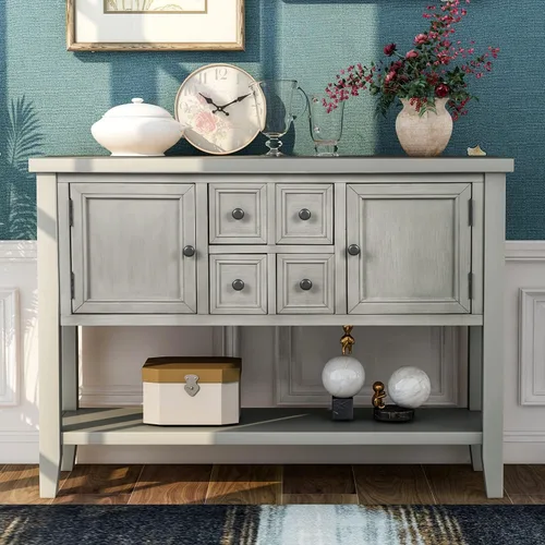 Vista 13 de Merax Mesa de buffet de madera con estante de almacenamiento, 2 cajones y armarios, gabinete de barra de café para sala de estar, comedor, cocina