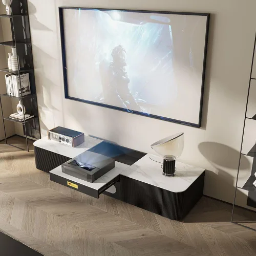 Vista 5 de POVISON Moderno soporte de TV para proyector, centro de entretenimiento de piedra sinterizada con almacenamiento para sala de estar, dormitorio