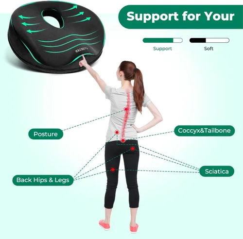 Vista 6 de SAHEYER Almohada de dona para el dolor de coxis, almohada de espuma viscoelástica para hemorroides para nervio ciático, cojín de asiento de ciática