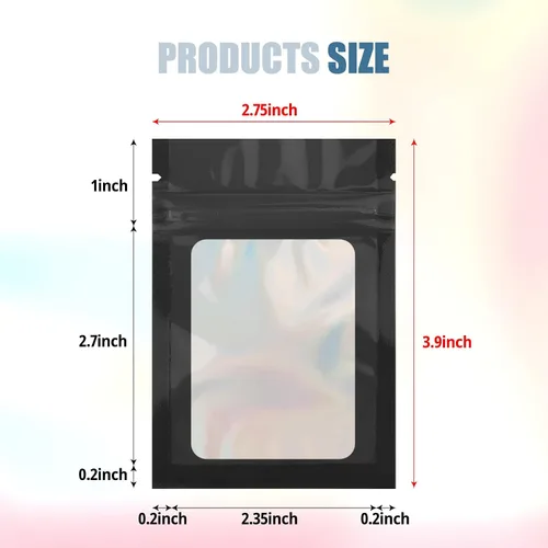 Vista 2 de 50 bolsas de Mylar negras de 2.7 x 3.9 pulgadas con ventana transparente, bolsa holográfica resellable para almacenamiento de alimentos, joyas