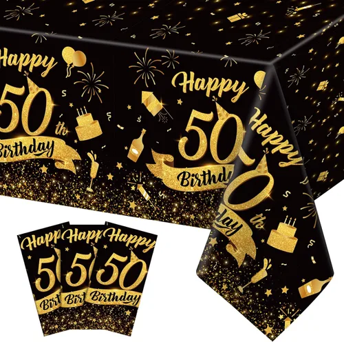 Vista 14 de Paquete de 3 manteles de plástico desechables para cumpleaños de 40 años, color negro y dorado Mantel rectangular impermeable para cumpleaños, 40