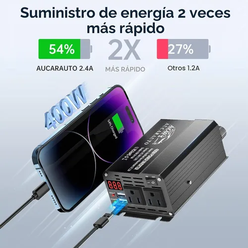 Vista 7 de Inversor de corriente para automóvil de 400 W, CC 12 V a 110 V CA, adaptador de enchufe de automóvil con toma y pantalla digital/puertos de carga