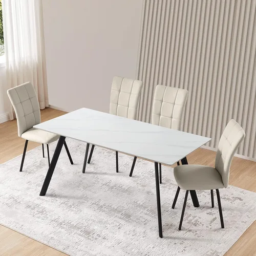 Vista 6 de HIPIHOM Conjunto moderno de mesa de comedor para 4, mesa rectangular de piedra sinterizada blanca y sillas, juego de 6 para el hogar, cocina, sala