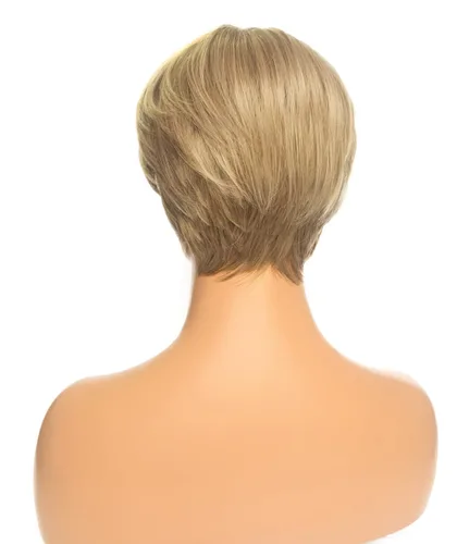 Vista 6 de Peluca corta rubia con flequillo, corte Pixie en capas, para mujer, fibra sintética, sin pegamento, esponjosa, aspecto natural