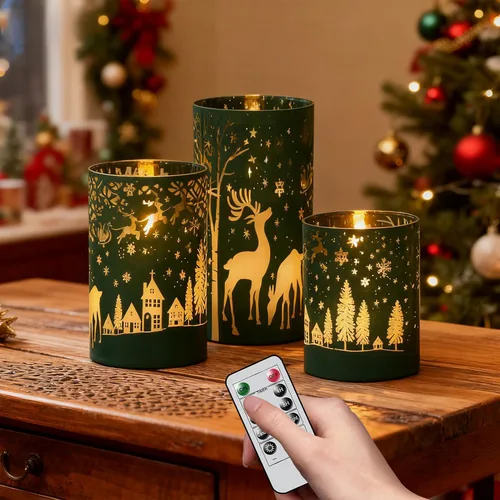 Vista 14 de Velas de Cristal sin Llama de Árbol de Navidad con Control Remoto Temporizador Operadas con Batería Cera Real Mecha 3D LED Parpadeantes Velas