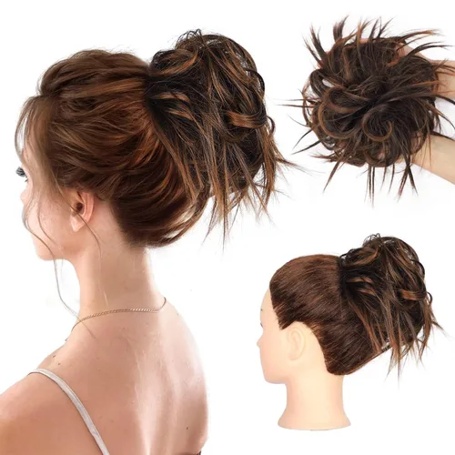 Vista 13 de HMD - Extensiones de cabello tipo chongo alborotado con rodelo despeinado, banda elástica de goma, extensiones de cabello sintético para mujer