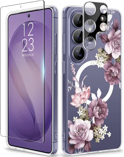 Vista 91 de GVIEWIN Funda protectora para Samsung Galaxy S25, transparente floral, delgada, a prueba de golpes, para mujer, no se pone amarilla, con protector