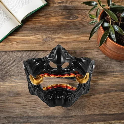 Vista 5 de Máscara de media cara japonesa Hannya Samurai Devil Prajna, accesorio de cosplay para decoración de fiesta de Halloween