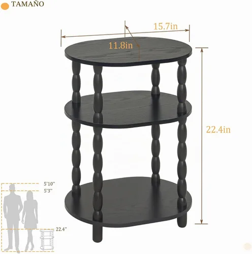Vista 3 de MaxSmeo Mesa auxiliar negra, mesa auxiliar ovalada pequeña de 3 niveles, mesita de noche moderna, mesa decorativa de madera para sala de estar