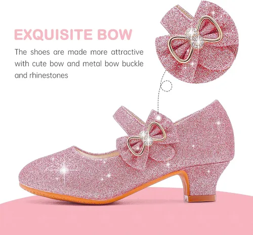 Vista 3 de Dufannie Zapatos de vestir para niñas, zapatos de tacón bajo de princesa, zapatos planos con purpurina para bodas y fiestas