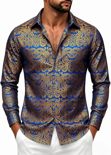 Vista 34 de DiBanGu Camisa de vestir de paisley de seda para hombre, formal, de manga larga, con cuello abotonado, camisas informales para fiesta de boda Negro