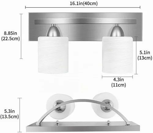 Vista 3 de PARTPHONER - Accesorio de iluminación para tocador de baño - Sobre espejo - Soporte de vidrio moderno - Níquel cepillado, base E26, 2 luces Níquel