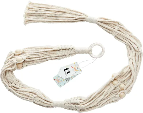 Vista 7 de Mkono Colgador de plantas de macramé, cesta colgante de 2 niveles para interior/exterior, cuerda de algodón con cuentas, 4 patas, 49 pulgadas