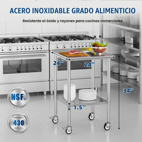Vista 3 de Mesa de trabajo de acero inoxidable con ruedas, 24x24 pulgadas, mesa de preparación de alimentos NSF con salpicadero y estante inferior ajustable