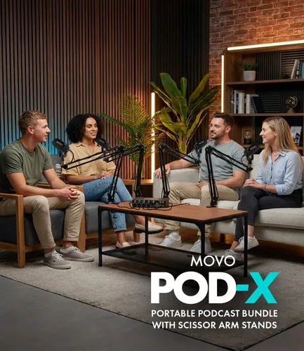Vista 2 de Movo Paquete de equipos de podcast para 4 personas - Interfaz de audio USB de 4 canales, 4 micrófonos dinámicos CastMic, 4 brazos Boom - Kit