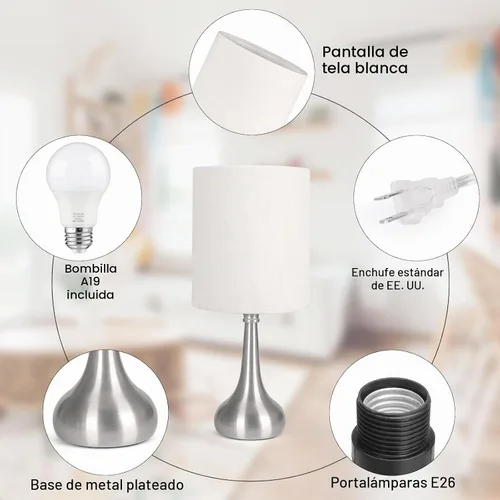 Vista 3 de Lámpara de mesa con control táctil, lámpara de noche regulable de 3 vías, lámpara de luz simple con pantalla de lámpara blanca y base de metal