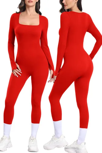 Vista 2 de Overol de yoga de manga larga para mujer, con control de abdomen, acanalado, cuello cuadrado, bodycon