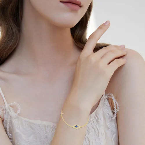 Vista 2 de 14K Real Gold Evil Eye Bracelet for Women Yellow Gold Eveil Eye and Cross Bracelets Dainty Blue Evil Eyes Bracelet Adjustable 6.5" to 8.5