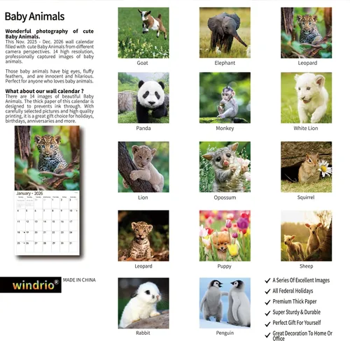 Vista 2 de Calendario de Pared 2026, Calendario 2026, Noviembre 2025 - Diciembre 2026, Calendario de Pared de Animales Bebés, 12" x 24" Abierto, Meses