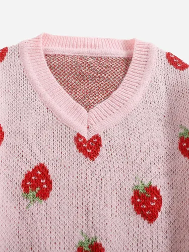 Vista 3 de MakeMeChic Girl's Strawberry Print Long Sleeve V Neck Ribbed Knit Pullover Sweater