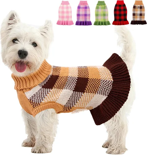 Vista 15 de Vestido suéter para perro, ropa de punto a cuadros para perros pequeños y medianos, cálido pullover de cuello alto elástico para cachorro y mascota