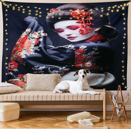 Vista 76 de Lunarable Tapiz japonés, Geisha joven en kimono con maquillaje oriental tradicional de Sakura, decoración de tela para colgar en la pared
