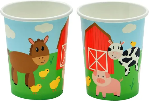 Vista 6 de Juvale Farm - Decoraciones para fiestas temáticas – Juego de 144 piezas, sirve 24, platos de 9 pulgadas y tazas de 9 onzas, diseño de animales a