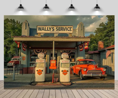 Vista 3 de Telón de fondo retro para gasolinera de 5 x 3 pies, estación de servicio de Wally, bombas de gas, bandera de Estados Unidos, flor, autopista, tienda