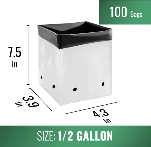 Vista 6 de DL Wholesale Grow1 Bolsas de cultivo de 1/2 galón (paquete de 100) bolsas de polietileno en blanco y negro para plantas, perfectas para bolsas
