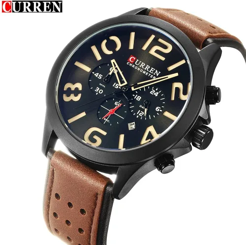 Vista 2 de Curren original para hombre reloj de piel 3esferas wrok 8244café negro y amarillo