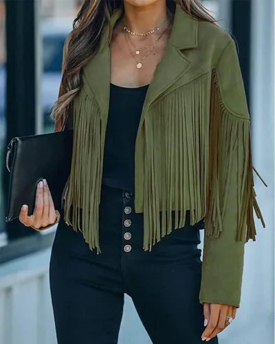 Vista 3 de ebossy Chaqueta de gamuza con flecos para mujer, manga larga, delgada, de piel sintética, con borlas
