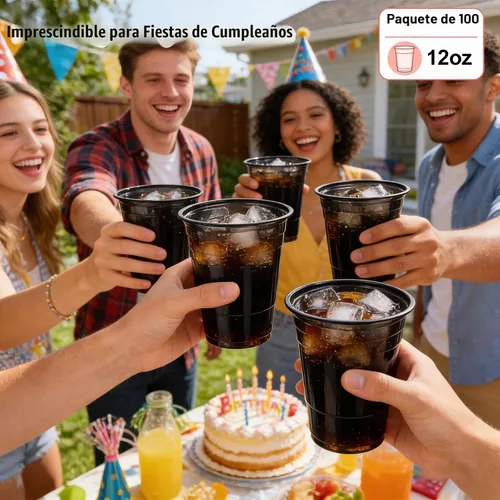 Vista 5 de Paquete de 100 vasos de plástico negros de 12 onzas, tazas de fiesta negras, copas de vino desechables transparentes para cumpleaños, picnics