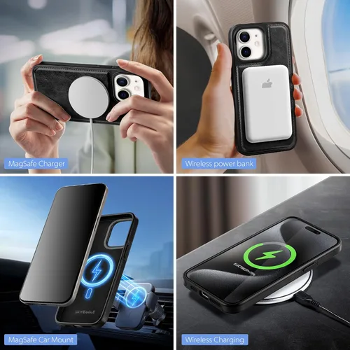 Vista 4 de SkyEagle - Funda tipo cartera compatible con MagSafe para iPhone 11, color negro Detachable Magnetic Credit Card Holder,RFID Blocking,PU