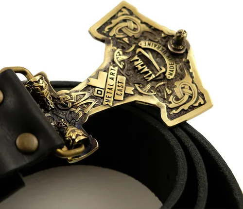 Vista 2 de Leather belt with Thor Hammer buckle, Scandinavian Old Norse Viking Mjolnir solid brass belt buckle on 1.5" or 1.8" leather strap