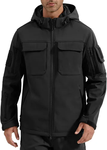 Vista 18 de FREE SOLDIER Chaqueta impermeable Softshell con forro polar para hombre, chaqueta táctica militar con capucha rompevientos Negro