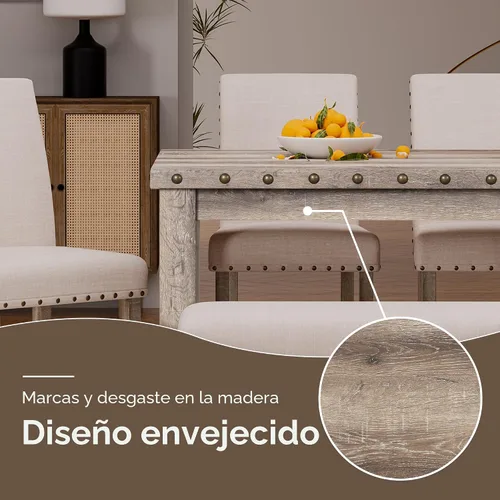 Vista 5 de Morden Fort Juego de mesa de comedor rústica para 6, sillas de comedor de cocina de granja para 6, encantadora mesa rectangular de madera de 60" y 6