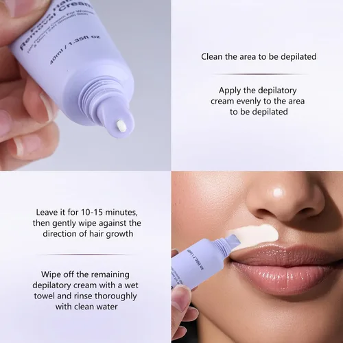 Vista 8 de Crema depilatoria facial para mujeres, kit de cremas depilatorias faciales suaves con raspado, suero calmante, crema removedor de vello corporal