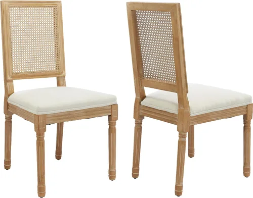 Vista 30 de ODUSE-DAILY Juego de 2 sillas de comedor French Country color beige, sillas de comedor de madera bohemia con respaldo tejido y asiento tapizado