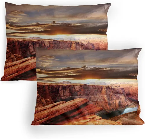 Vista 22 de Lunarable Nature Pillow Sham Set of 2, Sunset in a Winter Park Russia Sun Rays Through Trees Pathway to Forest, Quality Microfiber Bedding Item for