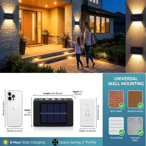 Vista 4 de ASLIDECOR 10 luces LED solares de pared hacia arriba, paquete de 4 lámparas iluminadas con sensor de luz solar al aire libre, IP65, impermeable