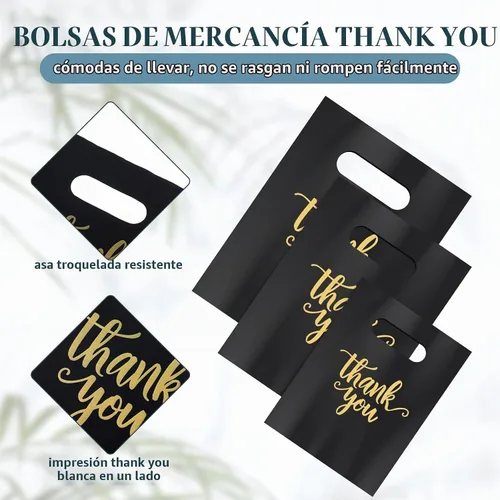 Vista 3 de Eersida 200 bolsas de plástico de agradecimiento con asas, bolsas de plástico troqueladas, bolsas de mercancía de compras a granel, 3 tamaños Negro
