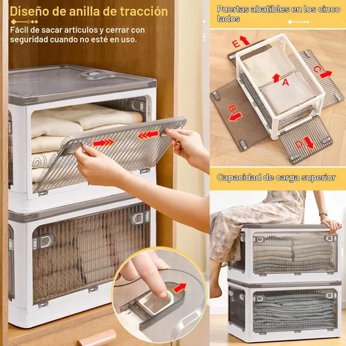 Vista 4 de DILIBRA Contenedores de almacenamiento de plástico de 28 litros con tapas, paquete de 2 contenedores apilables con ruedas y 4 puertas, cajas