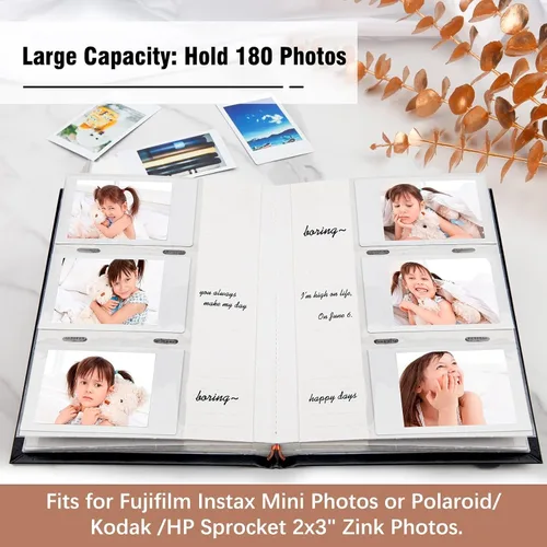Vista 2 de Álbum de fotos para cámara Fujifilm Instax Mini, álbum de fotos para Polaroid, cubierta de cuero, 180 bolsillos 2 x 3 con espacio de escritura