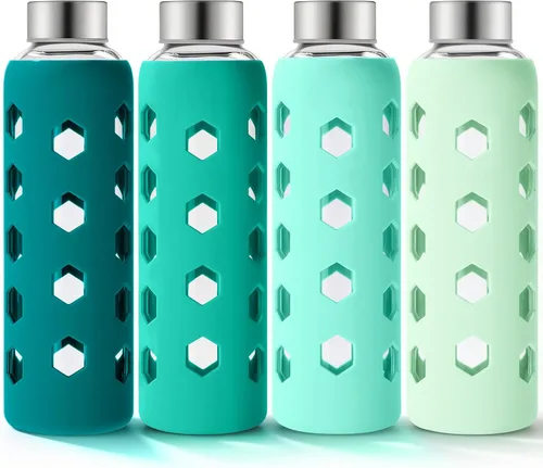 Vista 15 de Mrsdry Botellas de jugo de vidrio con tapas y fundas de silicona de 18 onzas, paquete de 4 botellas de agua reutilizables de vidrio transparente
